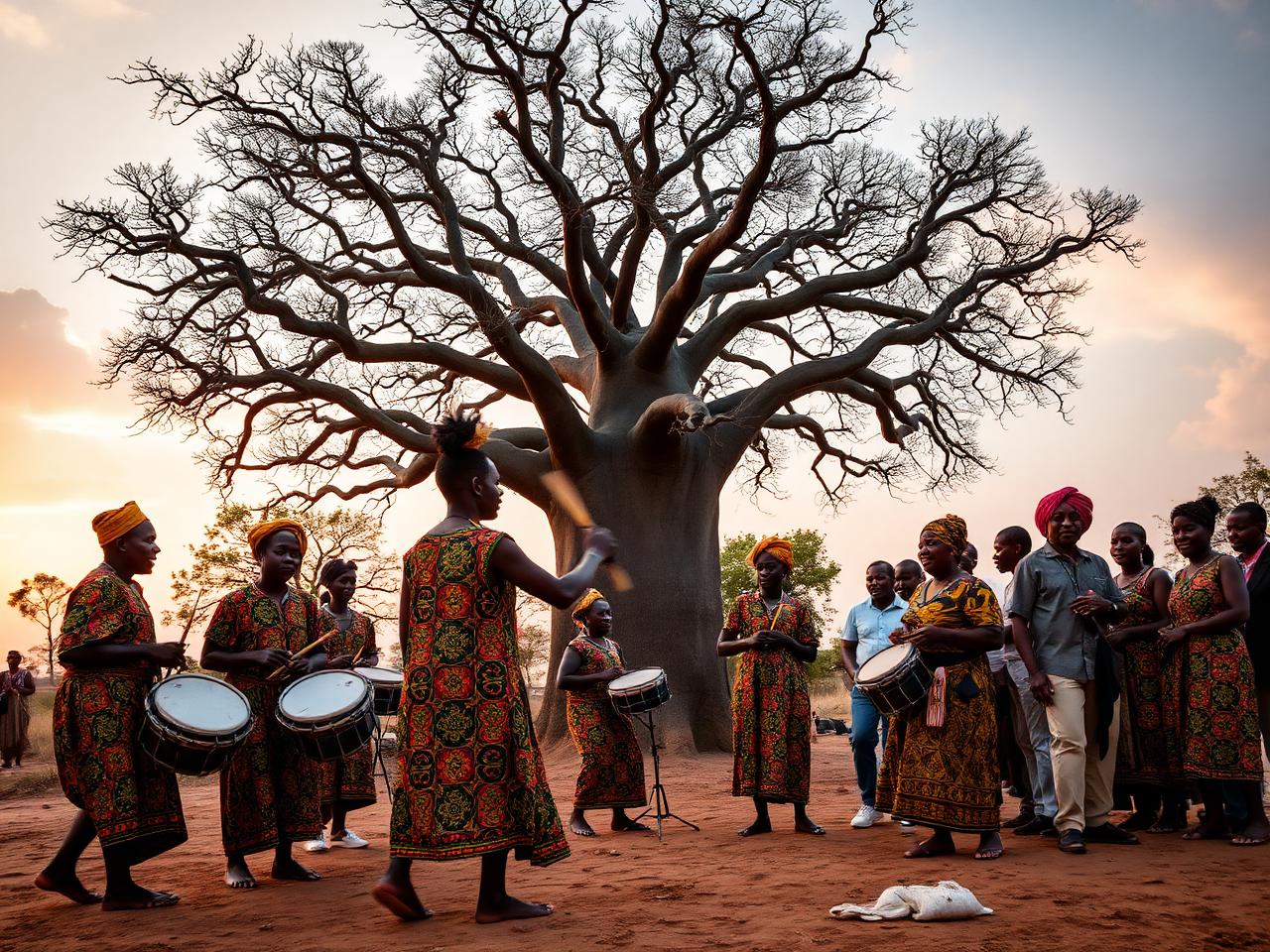 West African drummers welcoming travelers under a baobab tree