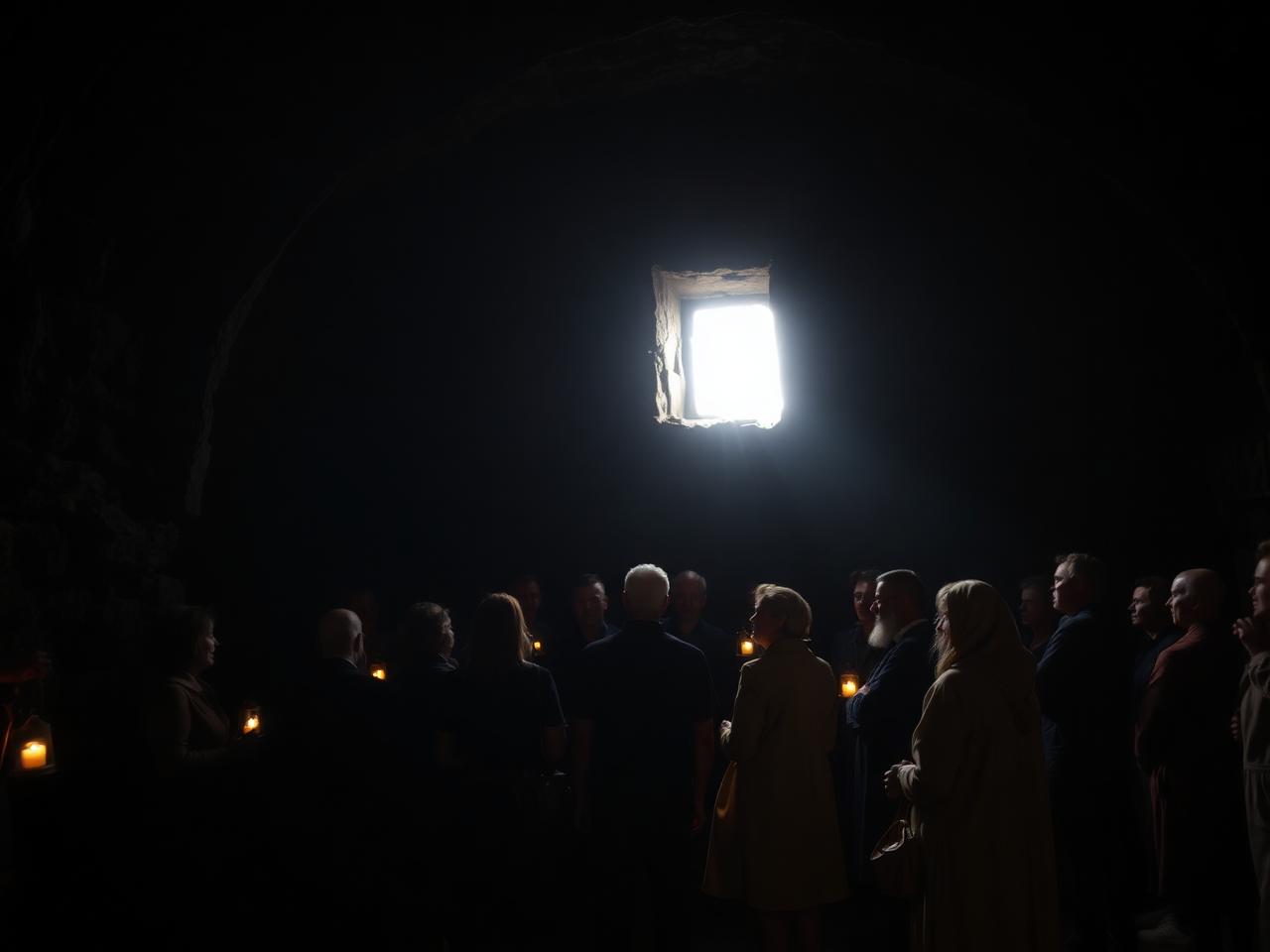 European travelers reflecting inside a slave-castle dungeon lit by a single window