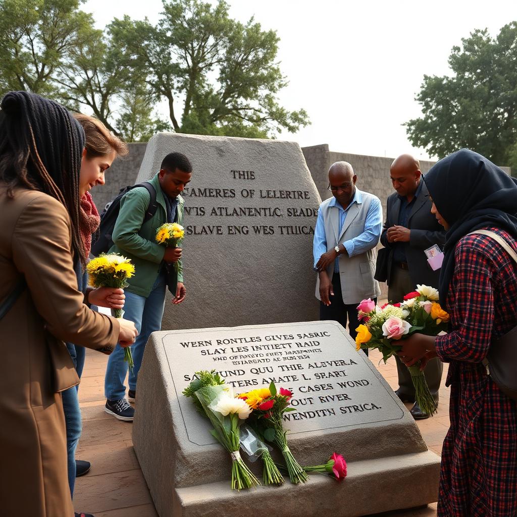 Travelers laying flowers at a transatlantic slave trade memorial