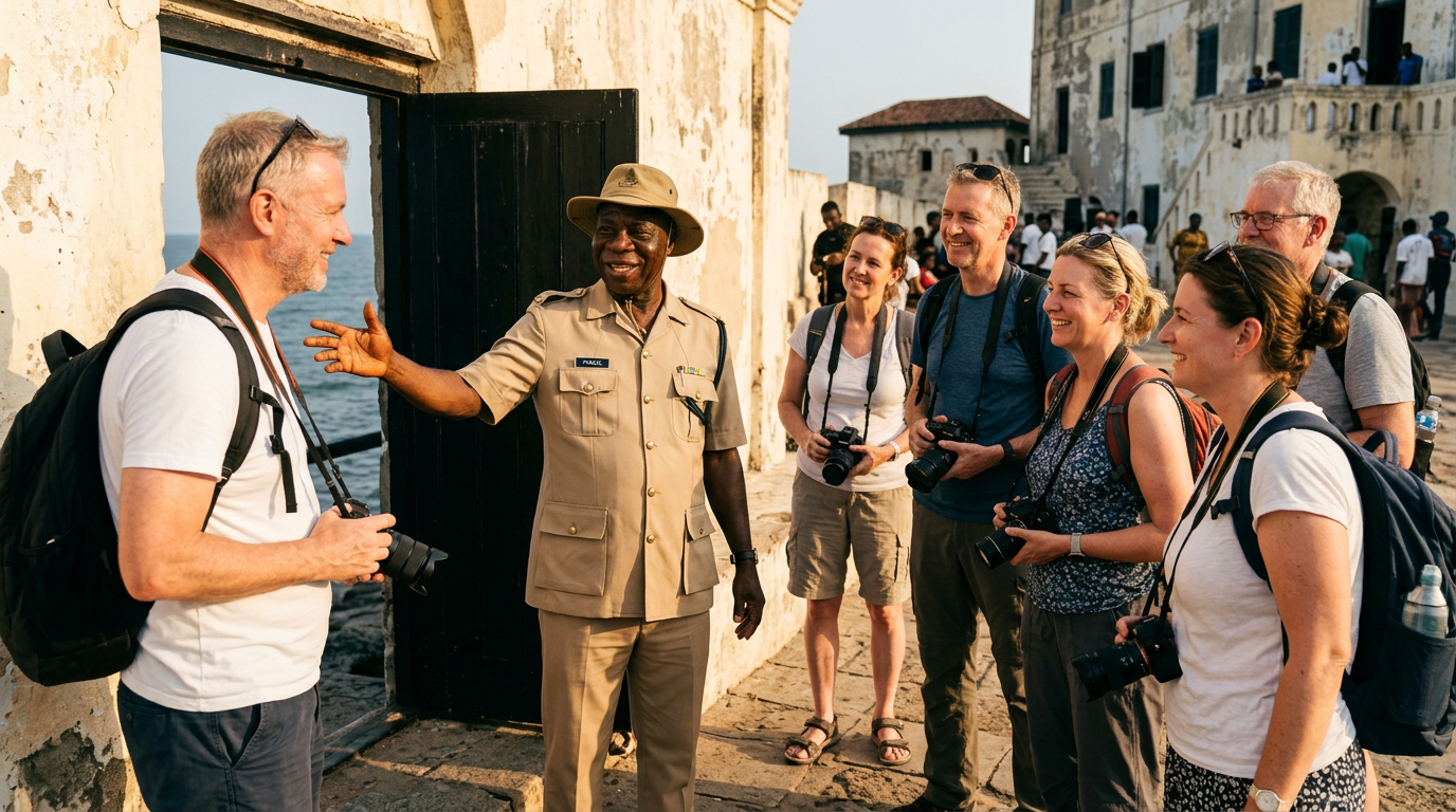 Pascal Tour guide leading European travelers through the Door of No Return